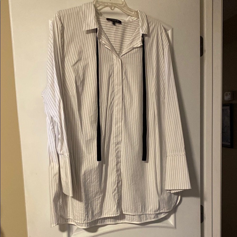 Lafayette 148 New York White Striped Button Down Shirt